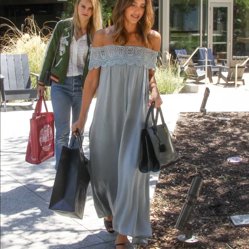 Self-Portrait Grey Crepe Lace Trim off-shoulder maxi dress